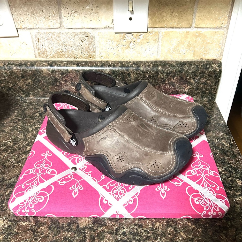 CROCS Brown Swiftwater Leather-Style Clog with Adjustable Heel Strap